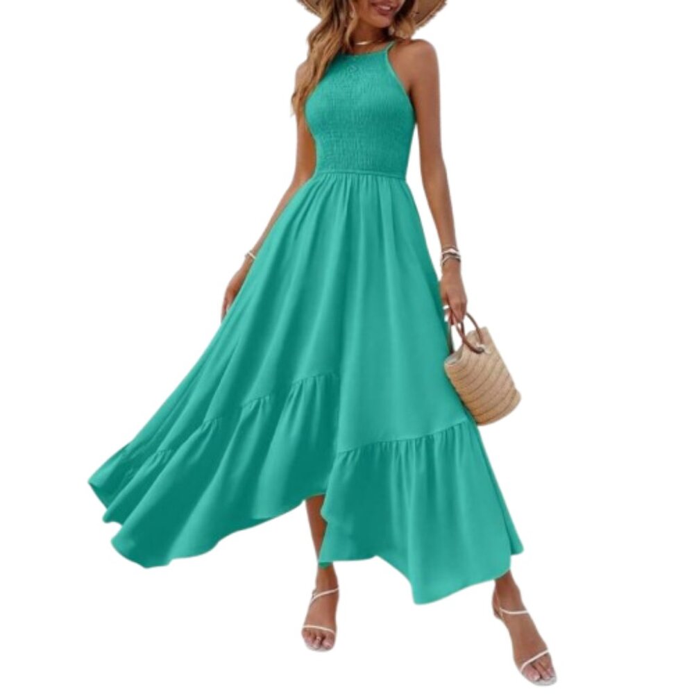 CBR Green Maxi Dress NWT Smocked Halter Asymmetric Hemline Flowy